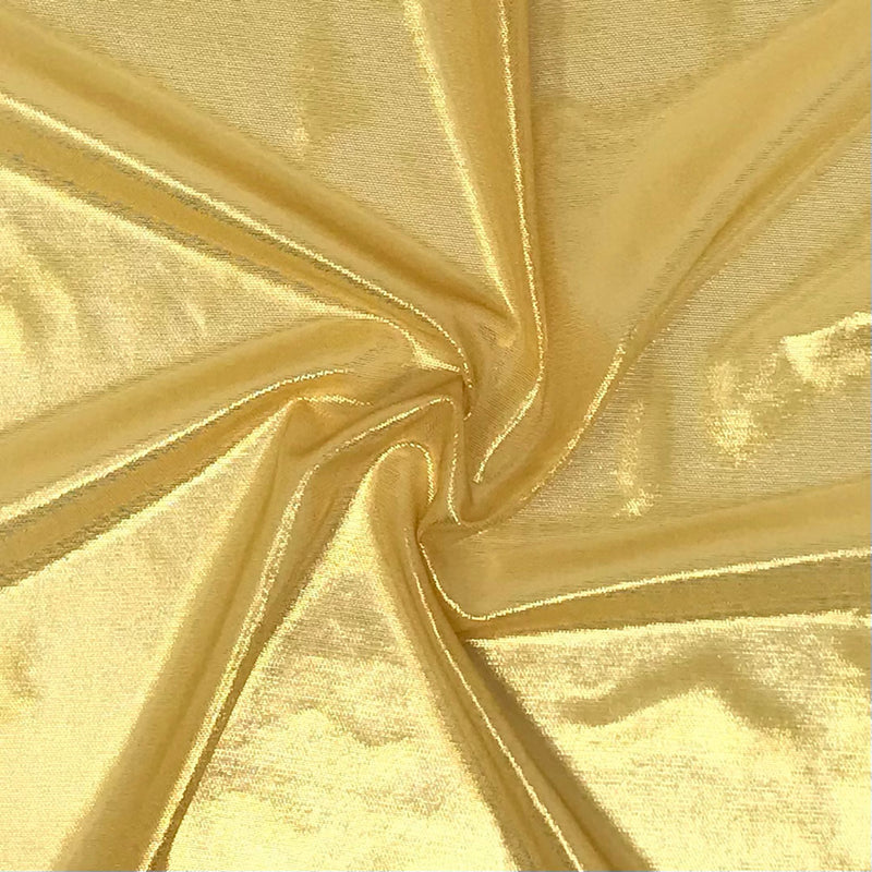 A swirled sample of ultrasheen foiled power mesh with a gold mesh and gold foil  available at Blue Moon Fabrics.