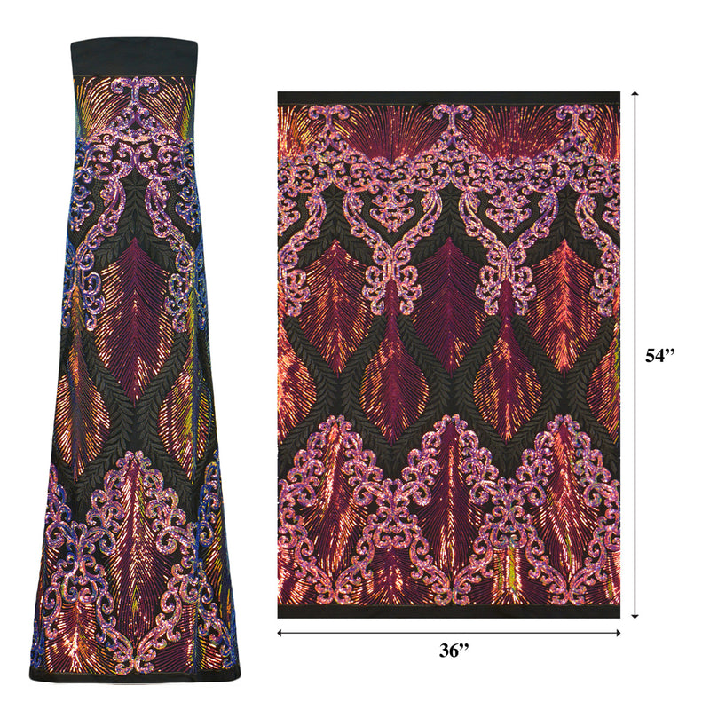 A flat measured sample of venus embroidered sequin in the color black with an iridescent royal pattern.