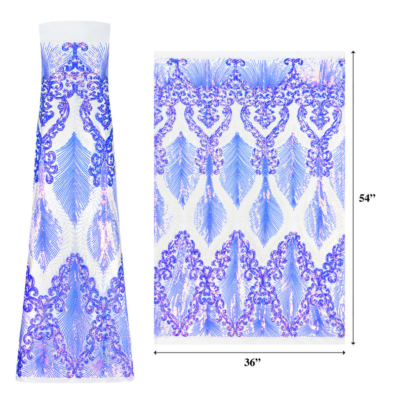 A flat measured sample of venus embroidered sequin in the color white with an iridescent royal pattern.