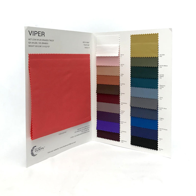 The inside spread of the color card for Viper Wet Look Spandex.