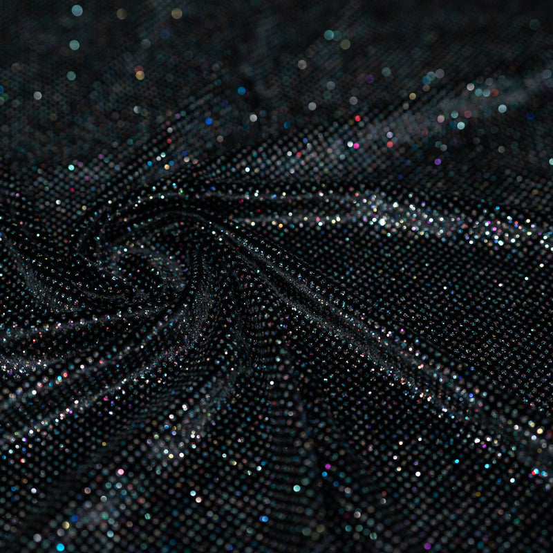 Swirled sample shot of Vivian Glitter Printed Stretch Velvet in the color Black-Multicolored