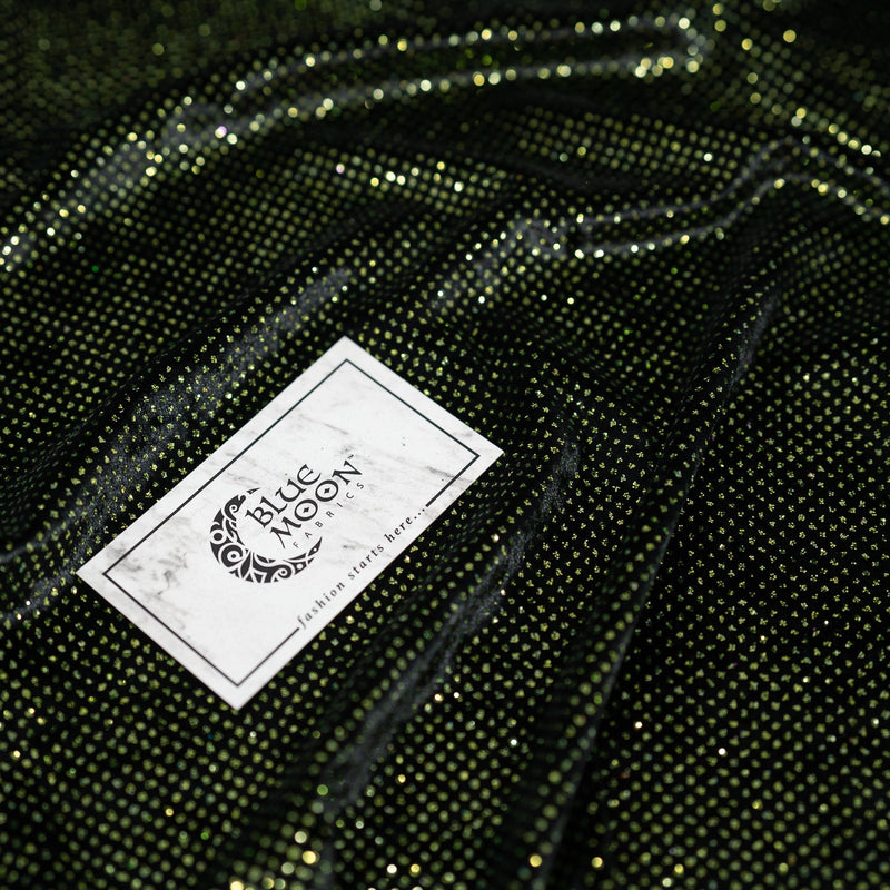 Detailed interior shot of Vivian Glitter Printed Stretch Velvet in the color Black-Olive with Blue Moon Fabrics logo