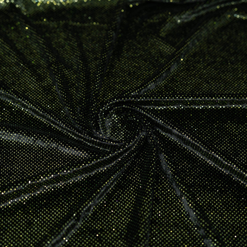 Swirled sample shot of Vivian Glitter Printed Stretch Velvet in the color Black-Olive