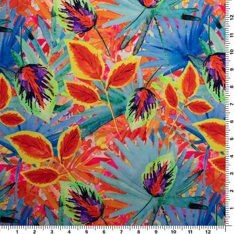 A flat sample of Watercolored Tropical Palms Printed Spandex.