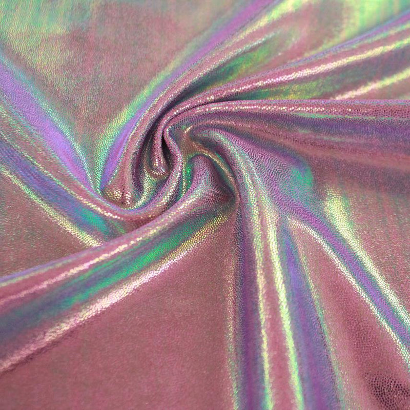 A swirled sample of wizard foiled spandex in the color orchid pink.