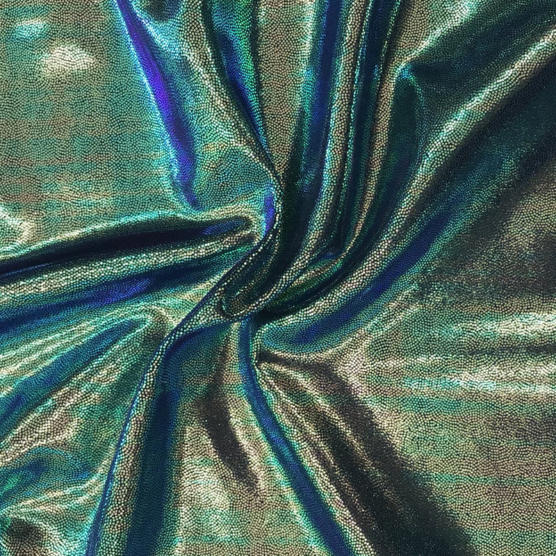 A swirled sample of wizard foiled spandex in the color navy pink.