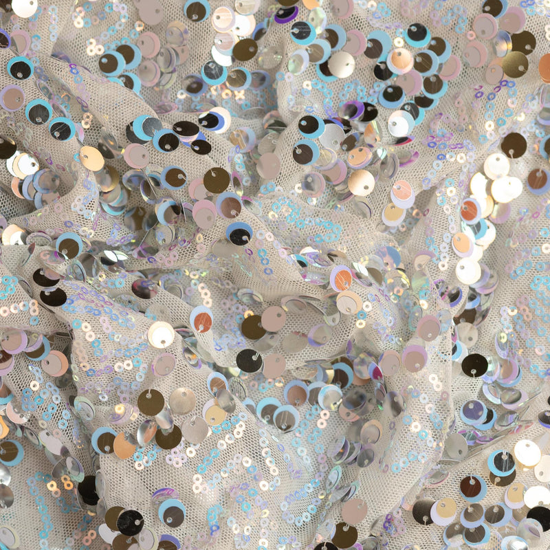 A flat sample of Fame Stretch Mesh Sequin with white mesh and iridescent sequin.