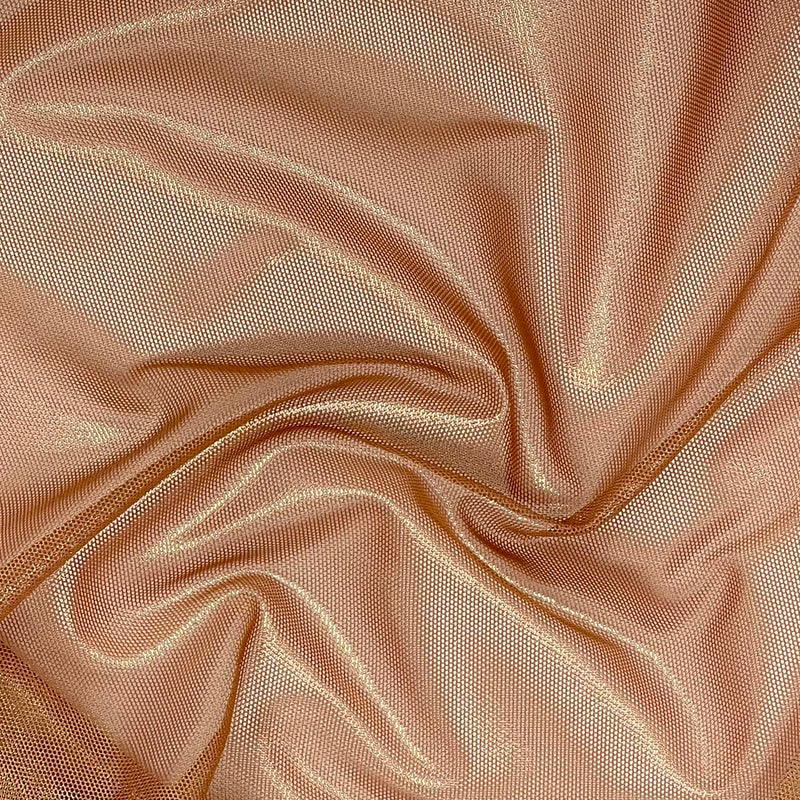 A swirled sample of ultra sheen metallic foiled power mesh with a taupe mesh and gold foil available at Blue Moon Fabrics.