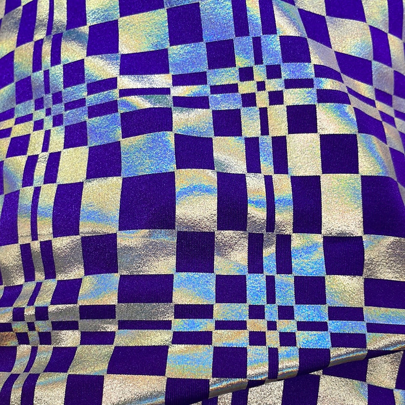 Detailed shot of Priscilla Foil Printed Spandex in Purple.