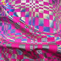 Detailed shot of Priscilla Foil Printed Spandex in Pink.