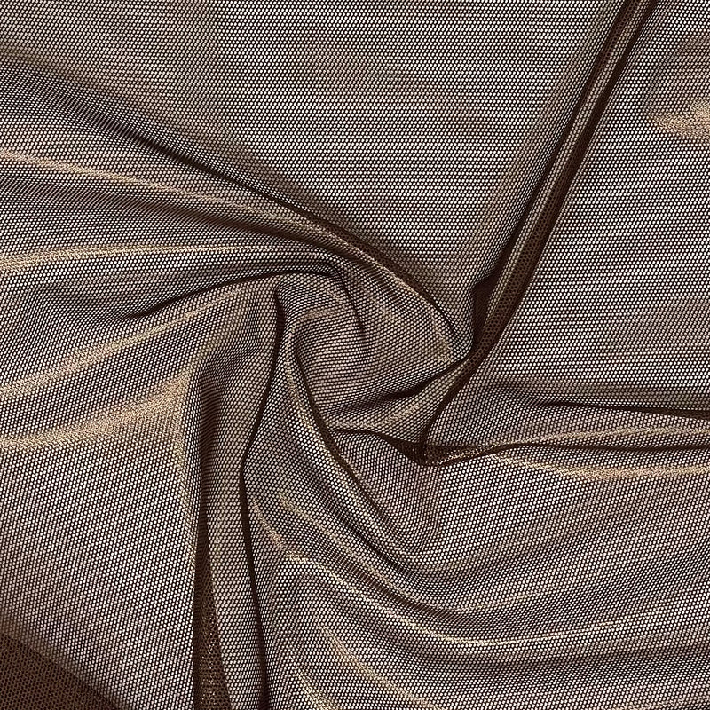 A swirled sample of ultra sheen metallic foiled power mesh with a dark chocolate brown mesh and brown foil available at Blue Moon Fabrics.