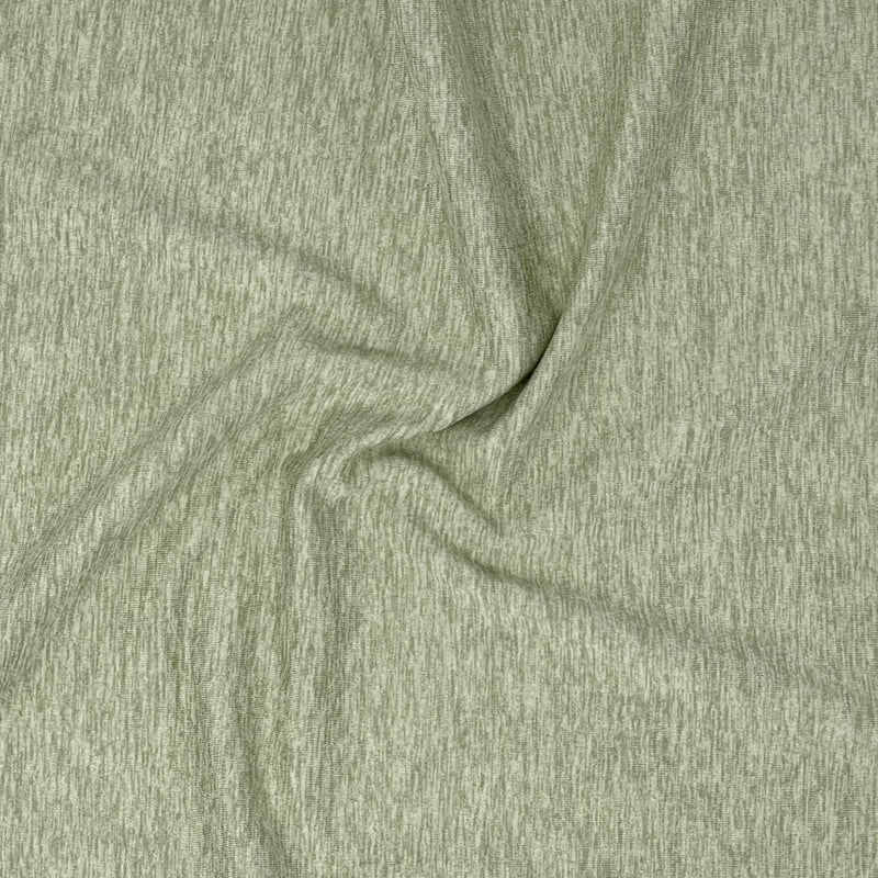A swirled sample of ecodelish double peached heather recycled polyester spandex fabric in the color khaki green.