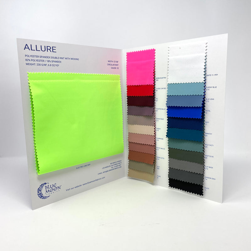 Interior shot of allure polyester spandex with wicking color card.