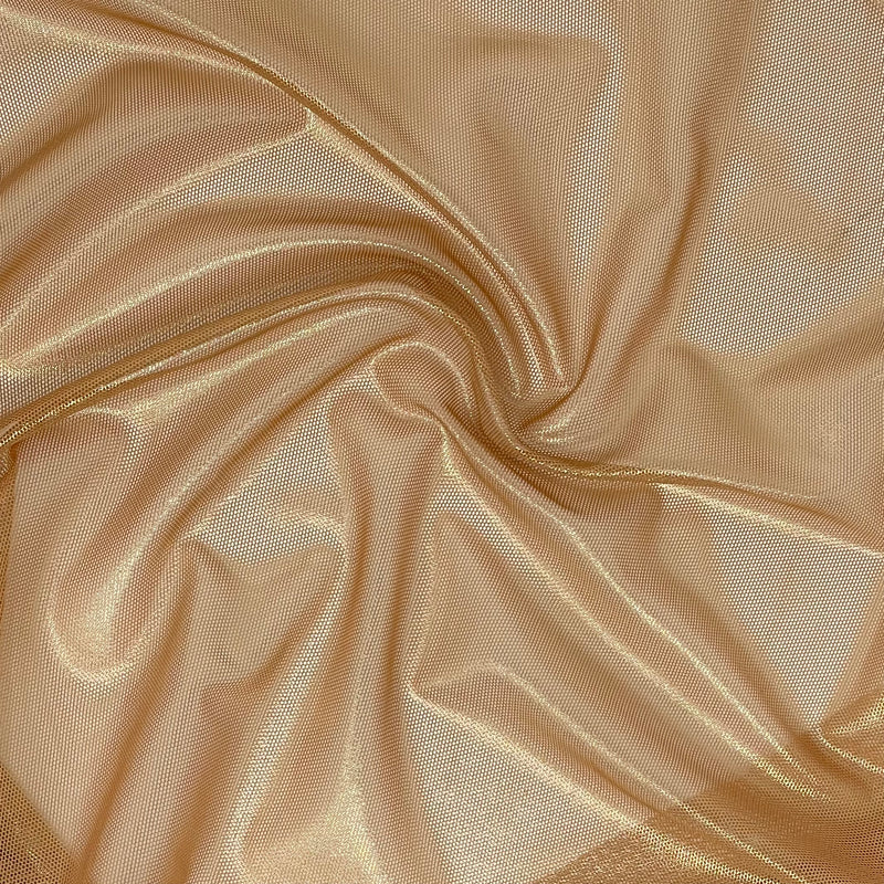 A swirled sample of ultra sheen metallic foiled power mesh with a nude mesh and gold foil available at Blue Moon Fabrics.