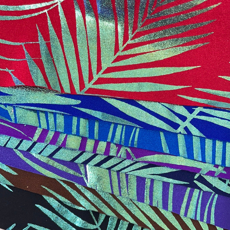 Detailed shot of Electric Palm Foil Printed Spandex in all color options.