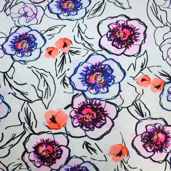 A flat sample of watercolor poppies printed spandex.