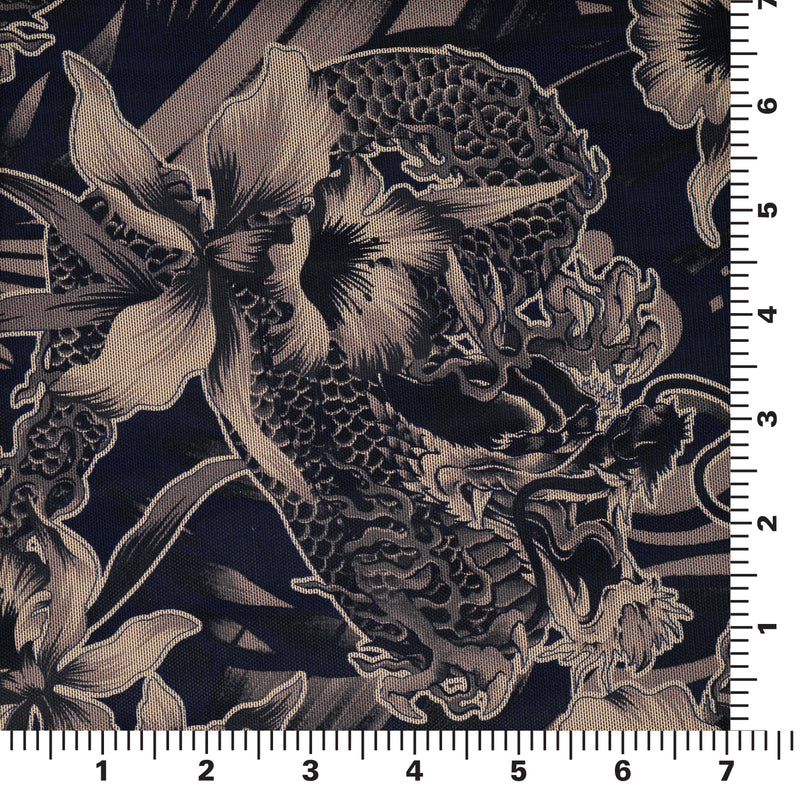 A measurement panel of Dragon on Japanese Daffodil Tattoo Printed Power Mesh