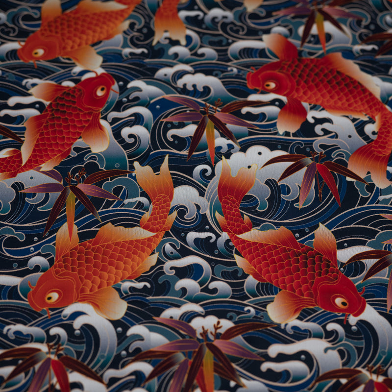 A flat sample of Red Japanese Koi Fish on Waves Tattoo Printed Power Mesh