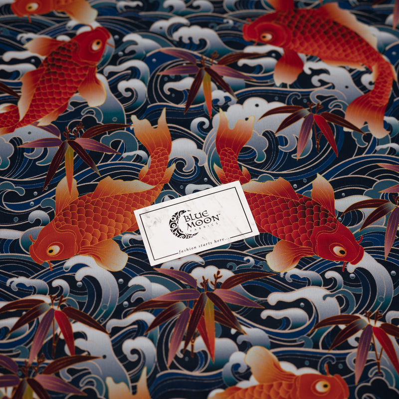 A flat sample of Red Japanese Koi Fish on Waves Tattoo Printed Power Mesh with Blue Moon Fabrics logo