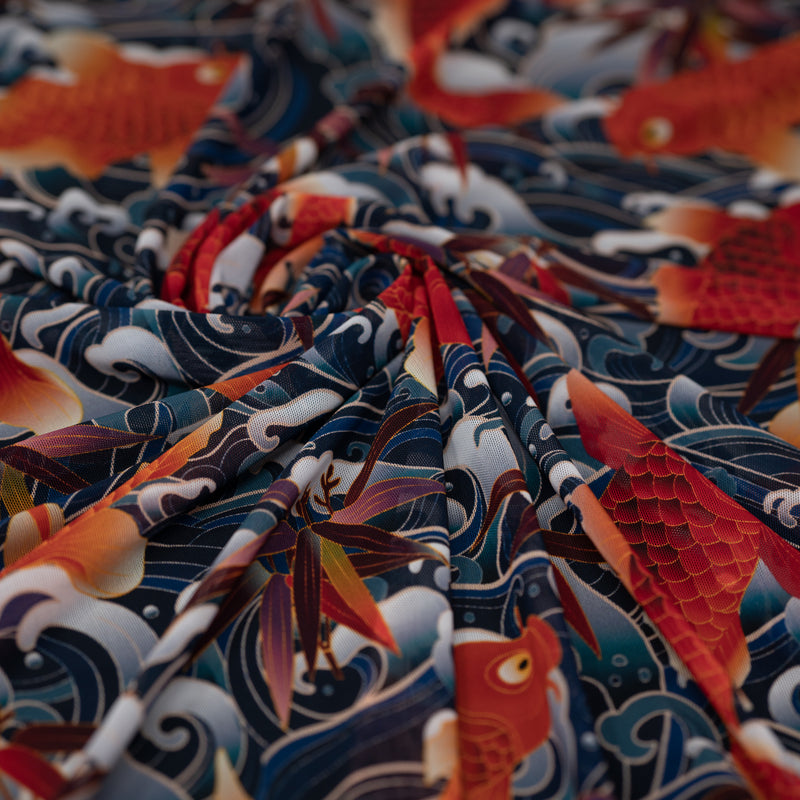Swirled sample shot of Red Japanese Koi Fish on Waves Tattoo Printed Power Mesh