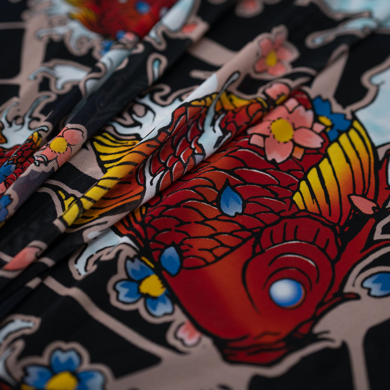 Detailed shot of Red Koi Fish on Japanese Art Tattoo Printed Power Mesh