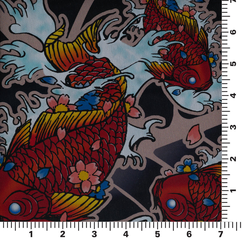 A measured panel 7" x7" piece of Red Koi Fish on Japanese Art Tattoo Printed Power Mesh