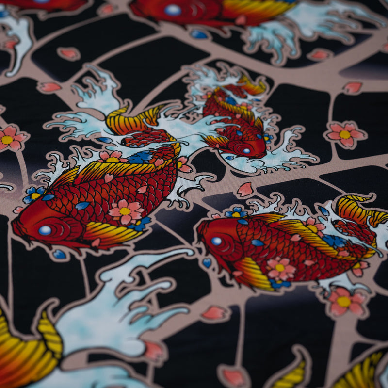 A flat sample of Red Koi Fish on Japanese Art Tattoo Printed Power Mesh