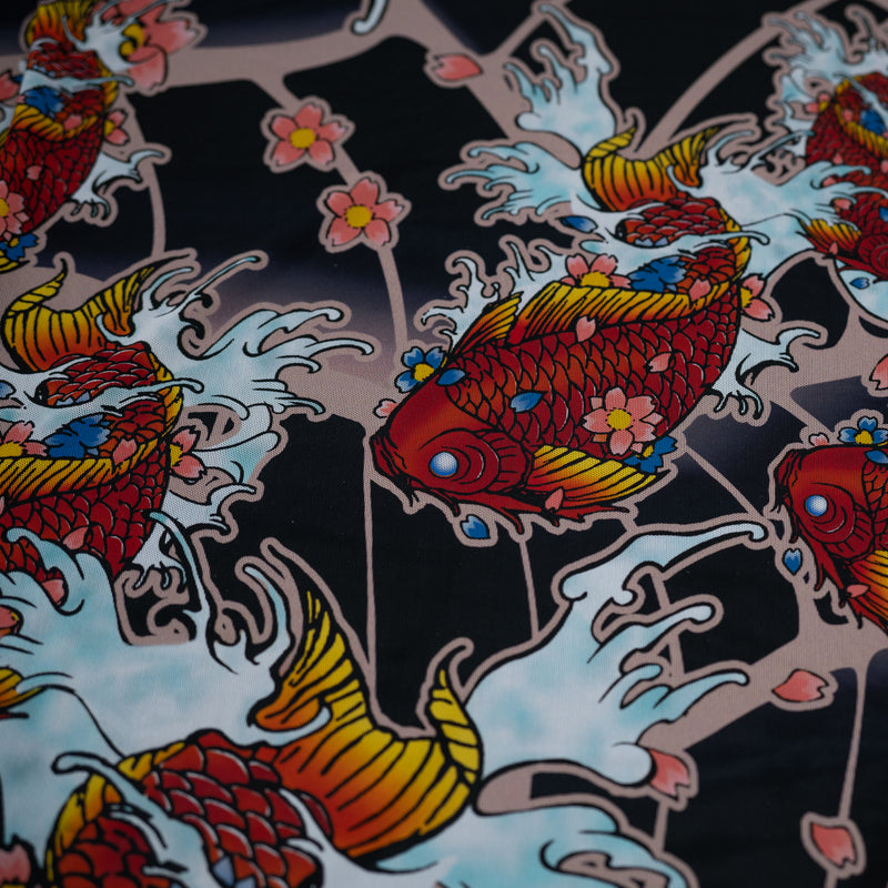 A flat sample of Red Koi Fish on Japanese Art Tattoo Printed Power Mesh