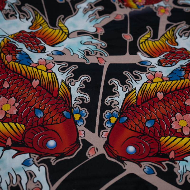 A flat sample of Red Koi Fish on Japanese Art Tattoo Printed Power Mesh