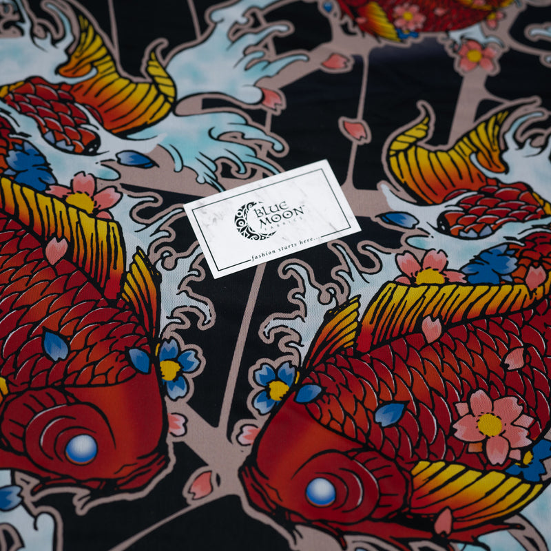 A flat sample of Red Koi Fish on Japanese Art Tattoo Printed Power Mesh with Blue Moon Fabrics logo