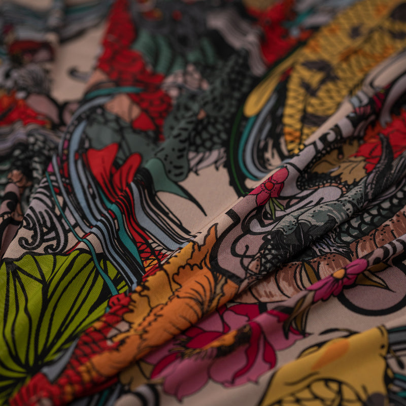 Detailed interior shot of Japanese Dragon and Koi Fish on Floral Tattoo Printed Power Mesh