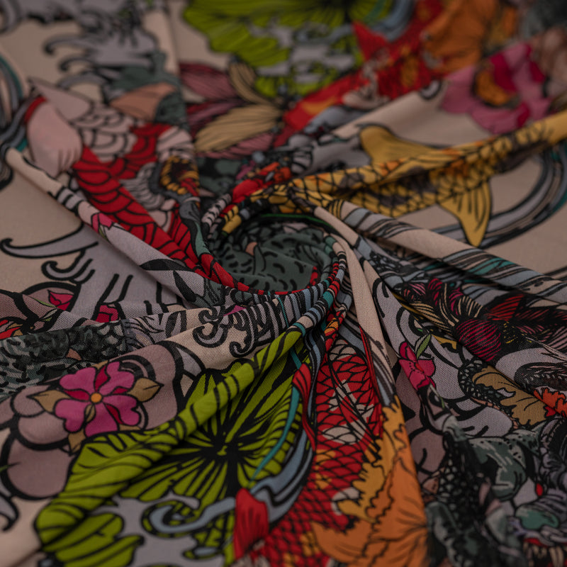 A swirled piece of Japanese Dragon and Koi Fish on Floral Tattoo Printed Power Mesh