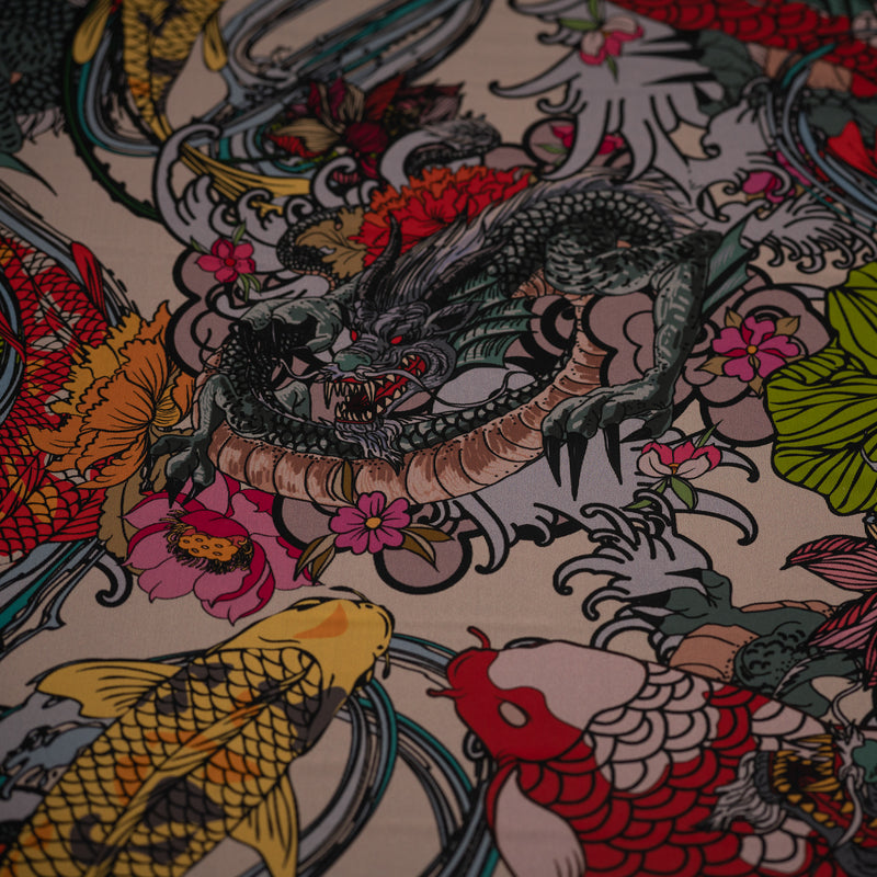 A flat sample of Japanese Dragon and Koi Fish on Floral Tattoo Printed Power Mesh