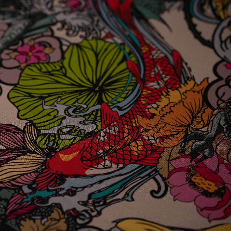 A flat sample of Japanese Dragon and Koi Fish on Floral Tattoo Printed Power Mesh