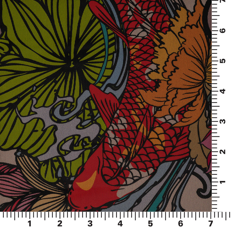 A measured panel 7" x7" piece of Koi Fish on Floral Tattoo Printed Power Mesh
