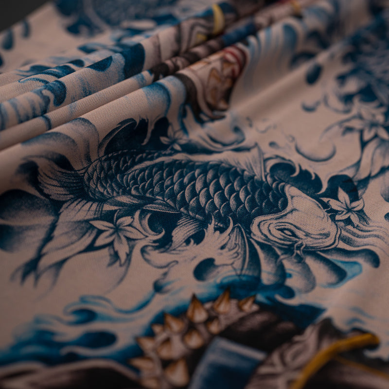 Detailed interior shot of Japanese Samurai Warrior Face with Blue Koi Fish Tattoo Printed Power Mesh