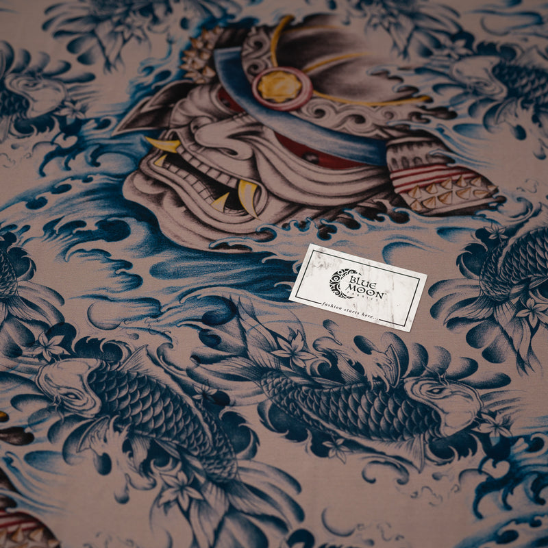 A flat sample of Japanese Samurai Warrior Face with Blue Koi Fish Tattoo Printed Power Mesh with Blue Moon Fabrics logo