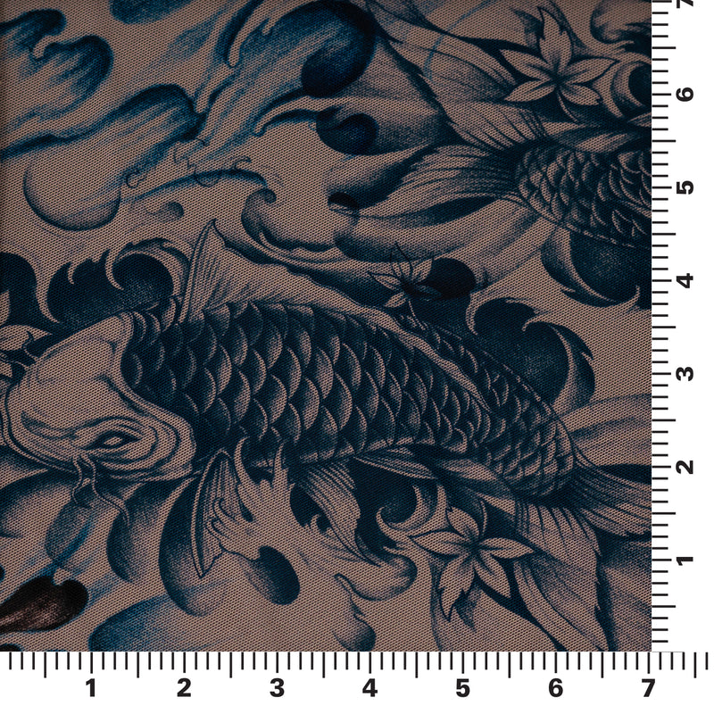 A measured panel 7" x7" piece of Japanese Samurai Warrior Face with Blue Koi Fish Tattoo Printed Power Mesh with just detailed print of Blue Koi Fish