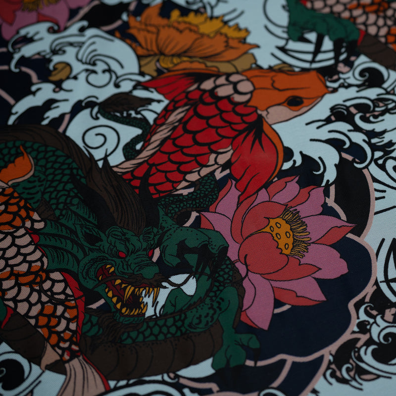 A flat sample of Dragon and Koi Fish on Japanese Art Tattoo Printed Power Mesh