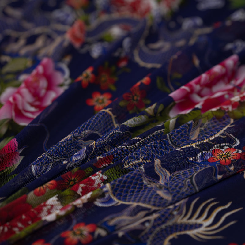Detailed interior shot of Japanese Carnations with Blue Dragons Tattoo Printed Power Mesh