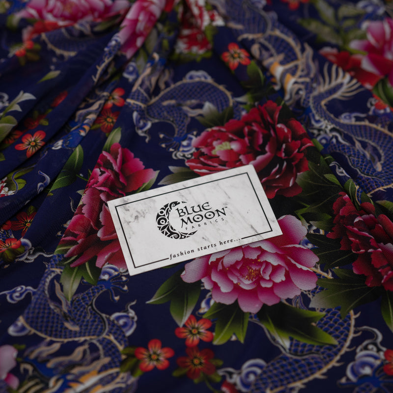 A sample of Japanese Carnations with Blue Dragons Tattoo Printed Power Mesh with Logo