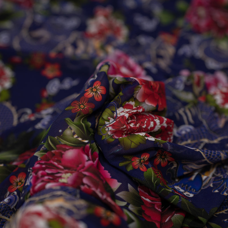 Detailed interior shot of Japanese Carnations with Blue Dragons Tattoo Printed Power Mesh