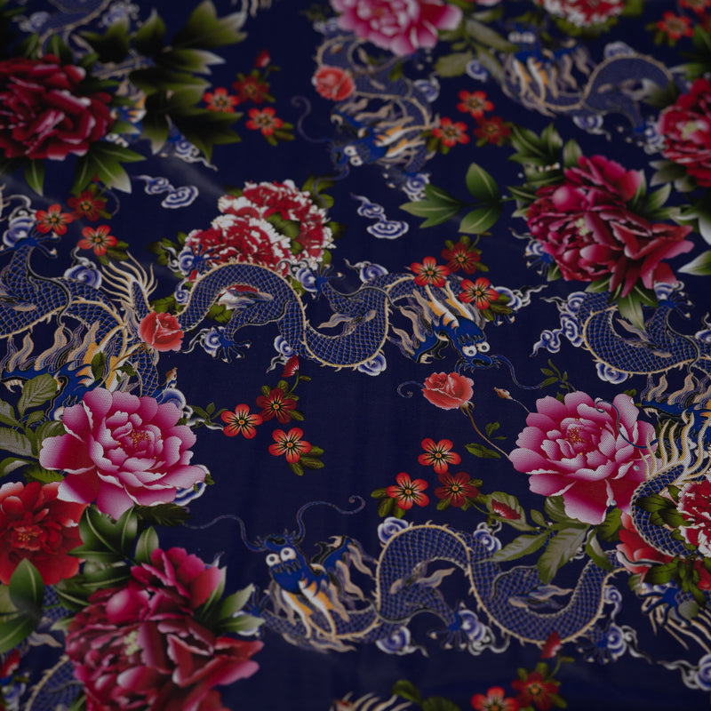 A flat sample of Japanese Carnations with Blue Dragons Tattoo Printed Power Mesh