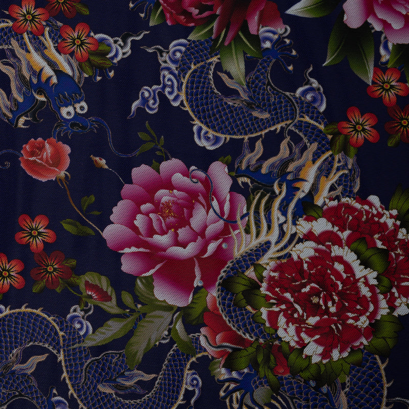 A flat sample of Japanese Carnations with Blue Dragons Tattoo Printed Power Mesh
