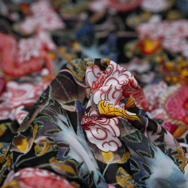 Detailed interior shot of Red Dragon on Japanese Garden Tattoo Printed Power Mesh