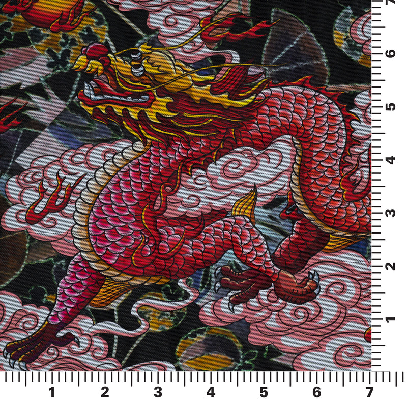 A measured panel 7" x7" piece of Red Dragon on Japanese Garden Tattoo Printed Power Mesh