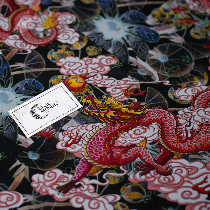 A flat sample of Red Dragon on Japanese Garden Tattoo Printed Power Mesh with Blue Moon Fabrics logo