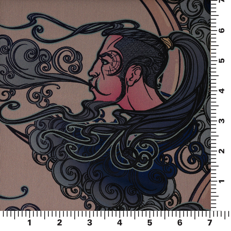 A measurement panel of Crescent Moon Japanese Samurai Warrior Tattoo Printed Power Mesh