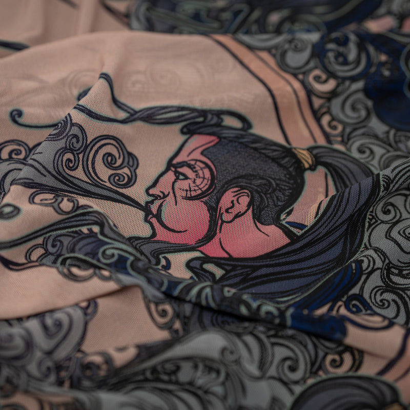 A crumpled piece of Crescent Moon Japanese Samurai Warrior Tattoo Printed Power Mesh